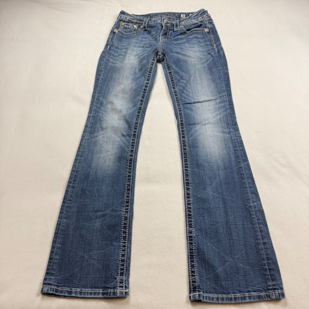 Miss Me Signature Bootcut Jeans Blue Embroidered Sequin Pocket JV8272B Size 28